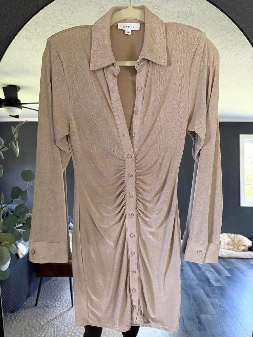 MABLE Ruched Button-Front Shirt Dress in Taupe